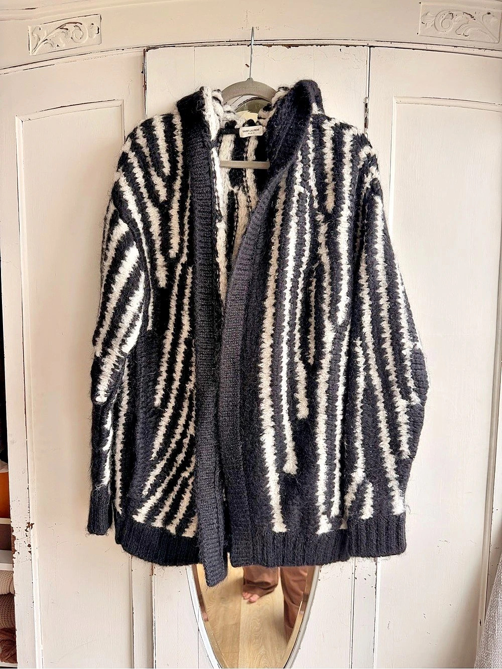 Saint Laurent Zebra Hooded Mohair Cardigan Striped Wool Alpaca Cardigan Black &